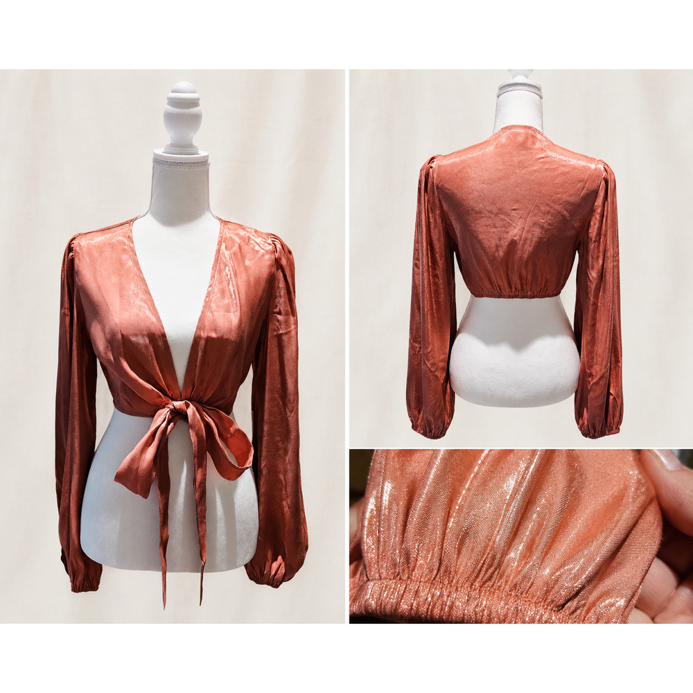 Venus S Metallic Tie Front Crop Top Copper Y2K Festival Coquette Eclectic Glam